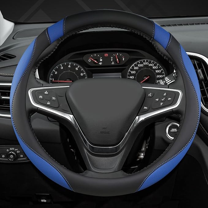 West Llama Customized Auto Car Steering Wheel Cover for Chevy 14.5-15 inches, Steering Wheel Cover for Chevrolet (Black+Blue 