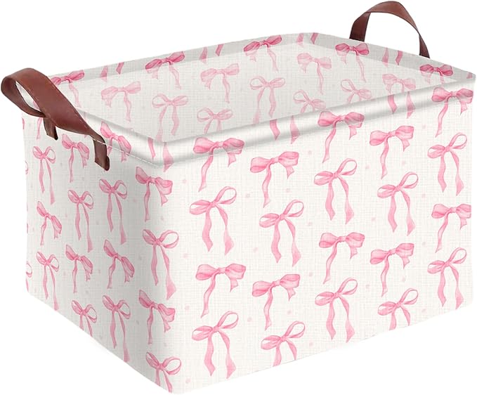 Pink Bow Storage Basket Waterproof Canvas Toy Storage Bin Coquette Room Decor Collapsible Outdoor Basket with Leather Handles