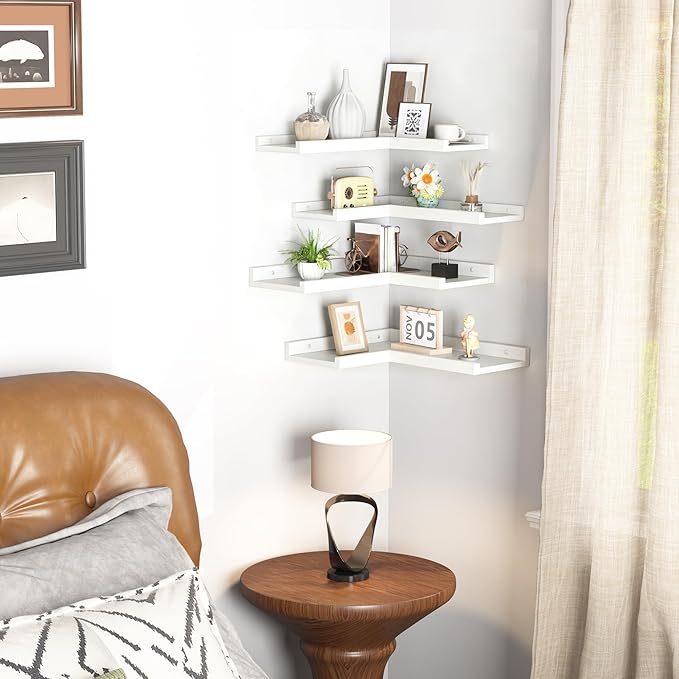4-Tier White Corner Floating Shelves Wall Mounted - Floating Shelves with Lip, Solid Pine Wooden Corner Wall Shelf for Wall D