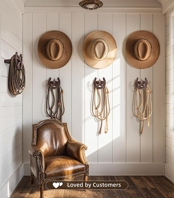 Cowboy Hat Hanger Wall Mount, 6 Pack Cowboy Hat Rack, Bridle Hook for Tack Room, Metal Horseshoe Hook, Horseshoe Decor, Weste
