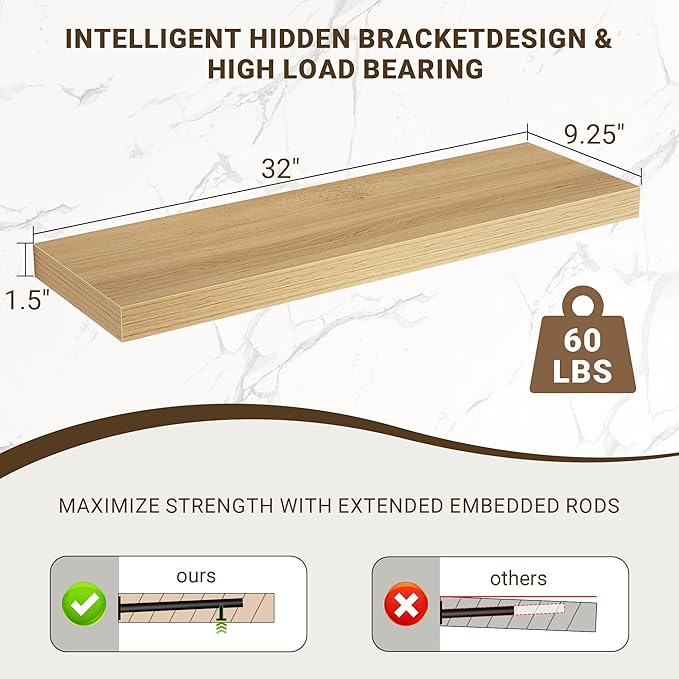 32 Inch Floating Shelves, 3D Textured Wood Grain, 32"x9.25"x1.5" Inch Deep Floating Shelves for Wall, Wooden Shelves for Bath