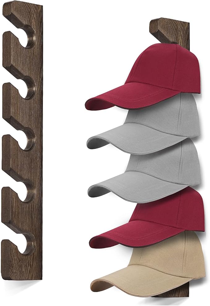 Hat Rack for Wall Baseball Cap Organizer Hanger (2 Pack) Modern Wooden Hat Holder Wall-Mounted Caps Display for Closet Door B