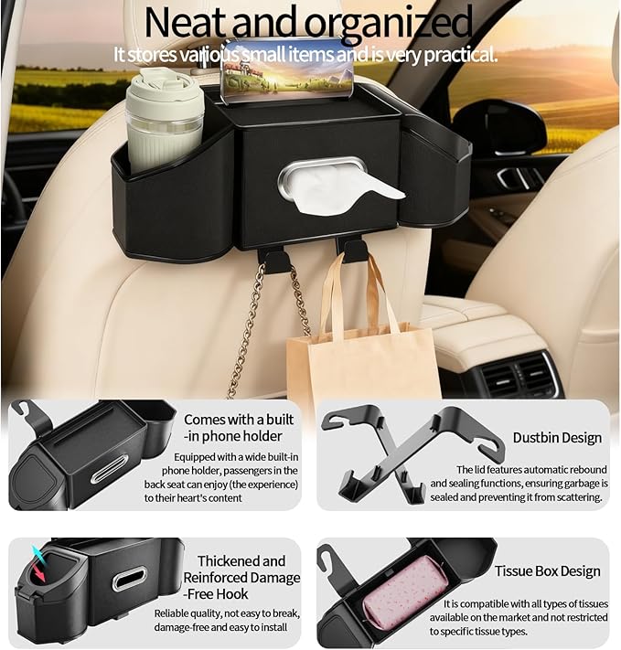 7-In-1 Multifunctional Car Seat Back Organizer with Cup Holders, Tissue Box, Garbage Can & Hooks, Headrest Storage & Cup Holder for Backseat (Black)