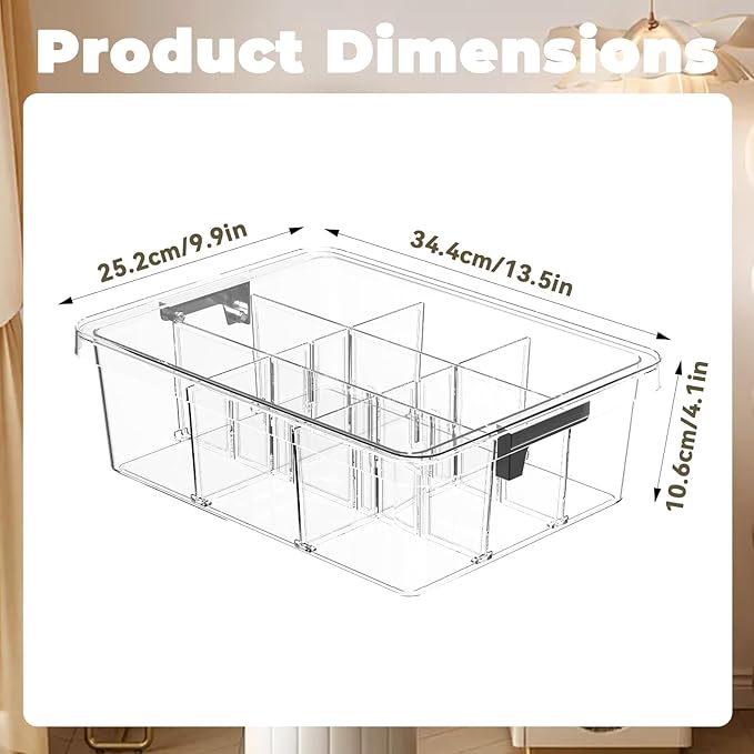 Socks Bra Underwear Drawer Organizer for Closet, 2 PCS Plastic Storage Box with 9 Removable Compartments and Lid, Clear Dress