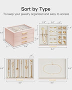 VLANDO Jewelry Box for Women, Glass Lid Jewelry Organizer with 3 Drawers for Necklaces Rings Earrings Bracelets Mother Day Gi
