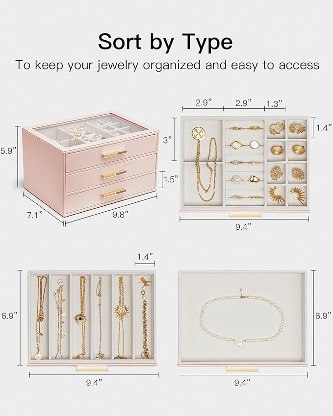 VLANDO Jewelry Box for Women, Glass Lid Jewelry Organizer with 3 Drawers for Necklaces Rings Earrings Bracelets Mother Day Gi