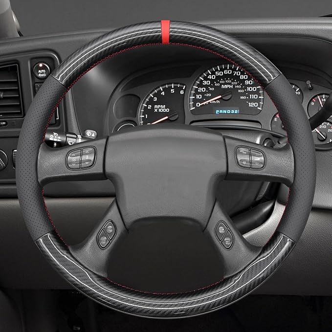 MEWANT Hand Stitch Steering Wheel Cover for Chevy Silverado 1500 2003-2006 Glossy PU Carbon Fiber Leather Steering Wrap