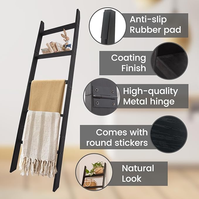 5-Tier Blanket Ladder – 4.8 Ft Wall Leaning Quilt Rack, Farmhouse Blanket Storage for Living Room, Bedroom & Bathroom – Rusti
