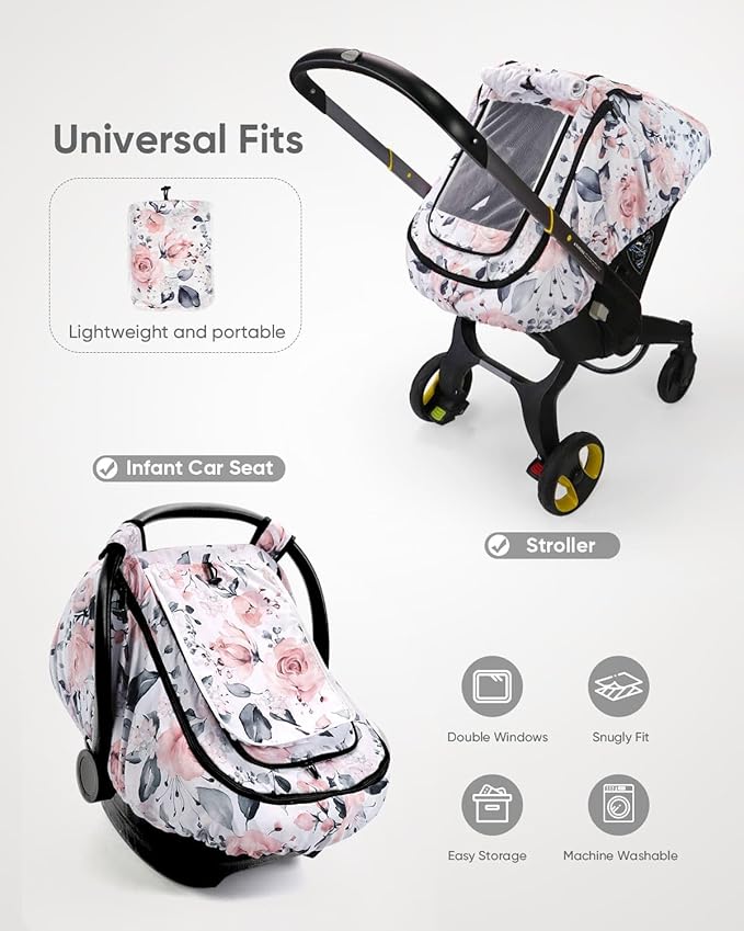 Car Seat Cover Baby Girls, Infant Car Seat Canopy Outdoor, 2 Layers with Mesh and Sun Shade Window for Summer Winter, Easy Ac