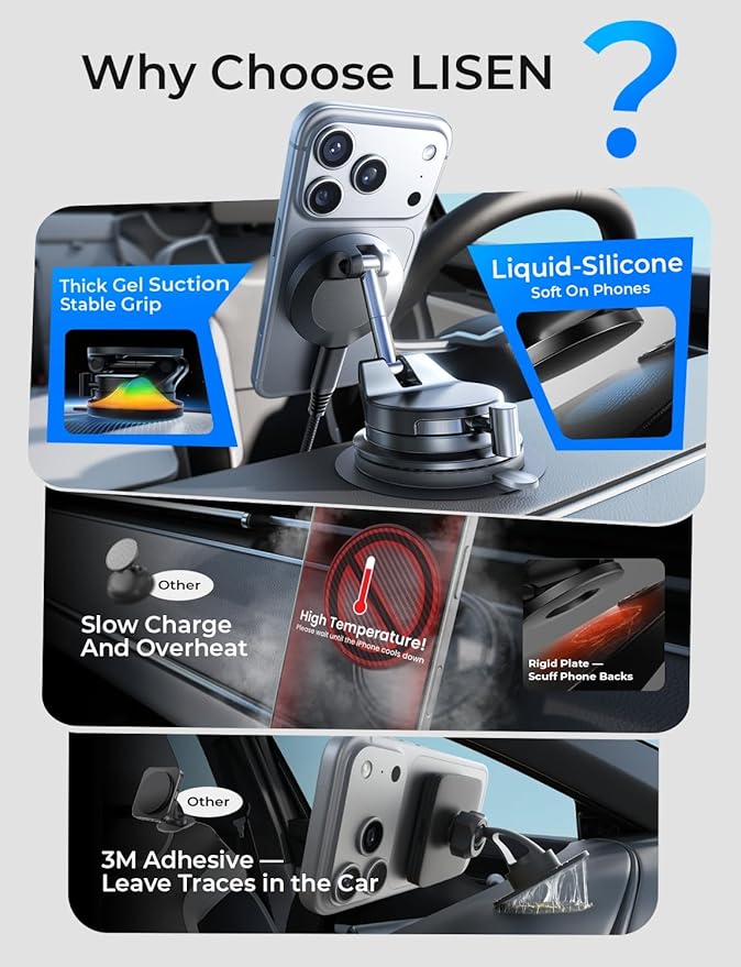 LISEN 15W Magsafe Car Mount Charger, Magnetic Wireless Car Charger, Suction Phone Mount, Vacuum Magnetic Phone Holder for Car Mount for iPhone 17 Pro Max 16 15 14 13 12, Samsung S26/S25, Pixel 10 Pro