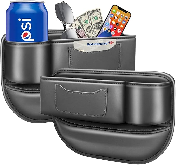 Car Seat Gap Filler & Organizer，2 Pack Black Car Leather Cup Holder Gap Bag,Men Car Interior Accessories，Seat Gap Storage Box for Storage Sunglasses、Phone、Key