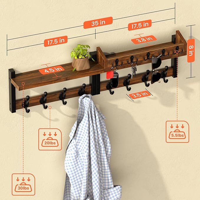 35'' Long Rustic Coat Rack Wall Mount with Shelf, Solid Wood Coat and Key Hanger with 13 Metal Hooks, Farmhouse Wall Organize