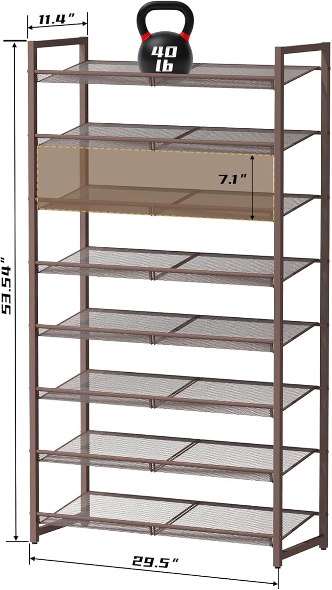 8Tier Metal Tall Shoe Rack,Large Shoe Rack for Closet,entryway,Garage, with Adjustable Flat or Angled Shelves, Hold 32-40 Pai