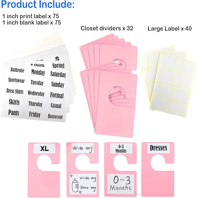 32 Pack White Clothing Rack Size Dividers Plus 75 Labels (1 Inch) and 30 Large Blank Labels, Large Rectangular Clothing Close