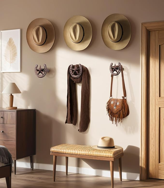 Cowboy Hat Hanger Wall Mount, 6 Pack Cowboy Hat Rack, Bridle Hook for Tack Room, Metal Horseshoe Hook, Horseshoe Decor, Weste