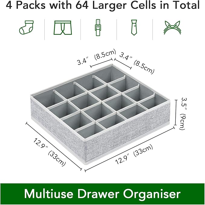 Joyoldelf Sock Drawer Organizer Divider Underwear Organizer 16-cell Fabric Dresser Drawer Organizers Storage Boxes for Socks 