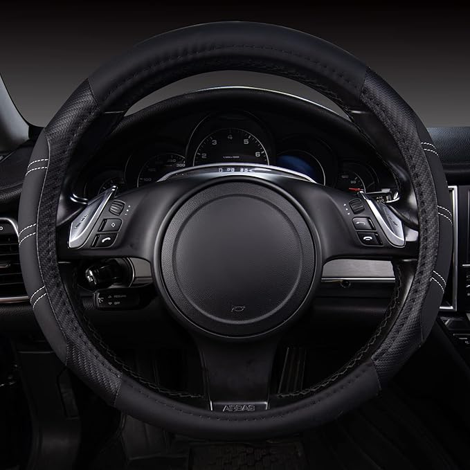 CAR PASS Line Rider Microfiber Leather Sporty 14.5-15 inch Steering Wheel Cover Universal Fits for 95% Truck,SUV,Cars, Anti-S