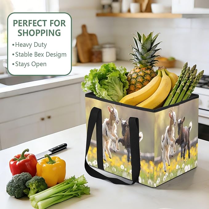 Playful Goats Pattern Reusable Grocery Bags Large Shopping Tote Bag with Reinforced Bottom Board, Water Resistant Foldable St