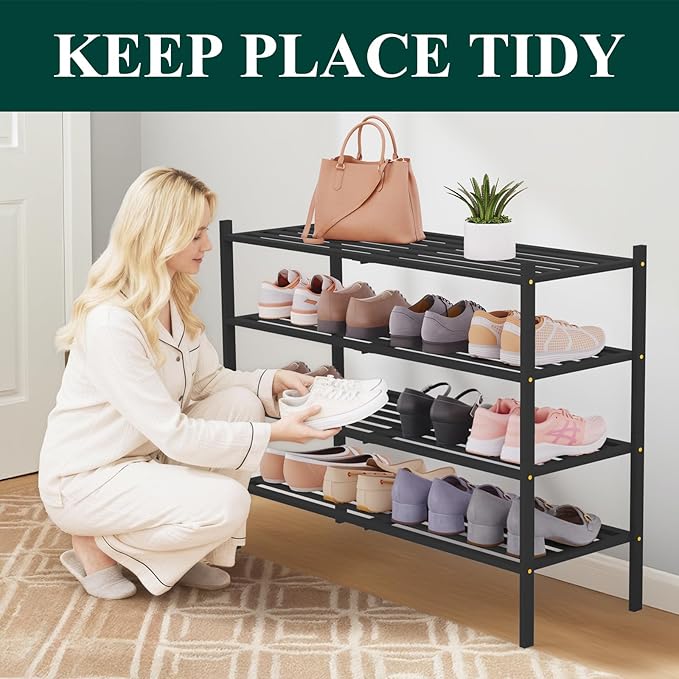 Smiry Long Bamboo Shoe Rack 4-Tier, Stackable Wooden Shoe Organizer for Entryway & Closet, Free Standing Wood Shoe Storage Sh
