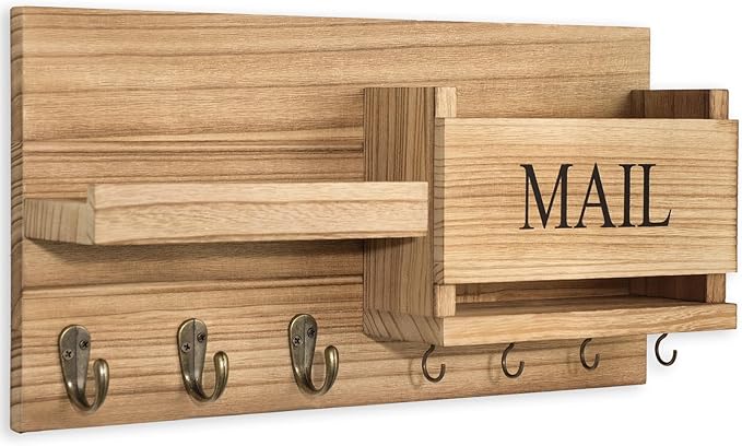 Lwenki Mail Organizer for Wall Mount – Key Holder with Shelf Includes Letter Holder and Hooks for Hallway Farmhouse Decor – R
