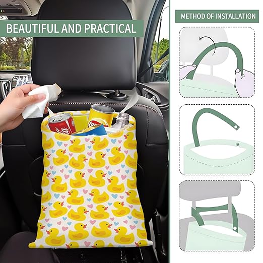 Cute Car Trash Can, Hanging Canvas Car Back Seat Organizer and Storage Bag, Funny Car Trash Bag For Travelling, Outdoor Cute Yellow Duck