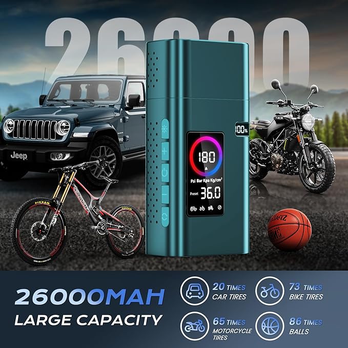 180psi Tire Inflator Portable Air Compressor,26000mah Air Pump For Car Tires,5x Fast Bicycle Pump With Digital Lcd Pressure Gauge/Led Light/Power Bank, Bike, Motorcycle(Blue）