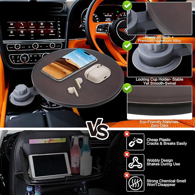 Wood Car Tray & Car Desk for Laptop, Compatible with Tesla Model Y/3/S, Ford F150/Explorer/Maverick & Most Vehicles, 360° Rotation, Waterproof, Car Food Tray, Car Accessories for Women & Men