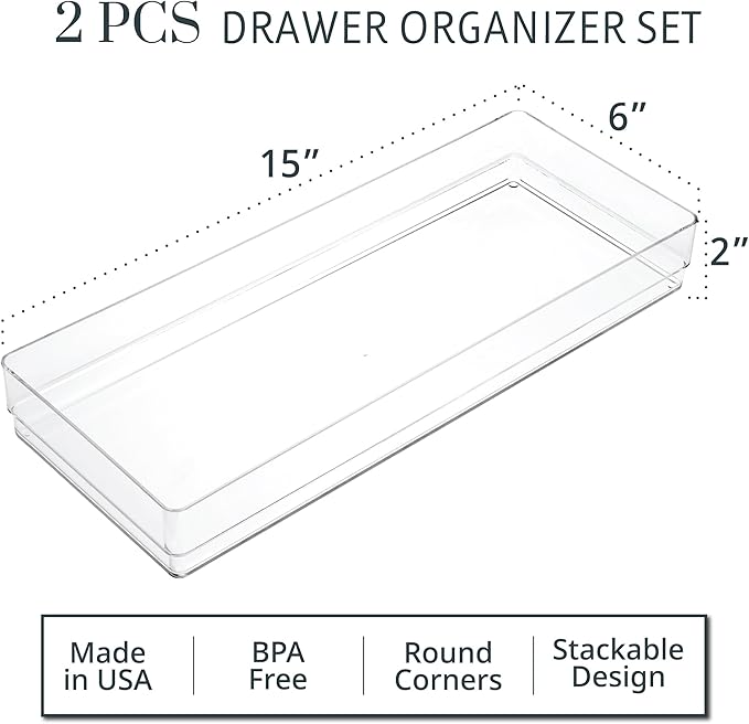 STORi SimpleSort 2-Piece Stackable Clear Drawer Organizer Set | 15" x 6" x 2" Rectangle Trays | Wide Makeup Vanity Storage Bi