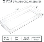STORi SimpleSort 2-Piece Stackable Clear Drawer Organizer Set | 15" x 6" x 2" Rectangle Trays | Wide Makeup Vanity Storage Bi