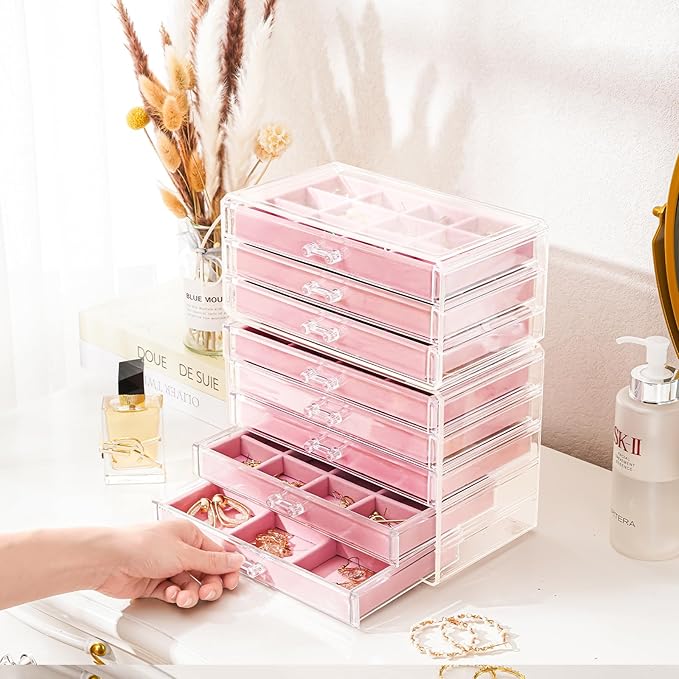 ProCase Earring Holder Organizer Jewelry Box with 8 Drawers, Acrylic Clear Earring Case with Adjustable Velvet Trays for Wome