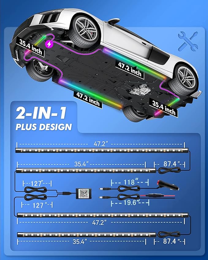 Underglow Kit, RGB-IC Under Car Lights With Dream Color Dancing Chasing, 213 Scene Modes, App and Remote Control, 5 Music Modes LED Lights for All Cars