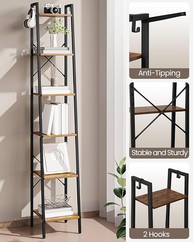 Hzuaneri Ladder Shelf, Bookshelf Bookcase, Freestanding Corner Storage Shelve with 2 Hooks for Home Office, Living Room, Kitc