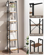 Hzuaneri Ladder Shelf, Bookshelf Bookcase, Freestanding Corner Storage Shelve with 2 Hooks for Home Office, Living Room, Kitc