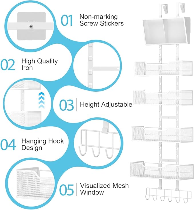 Hongtamoya Adjustable Over The Door Organizer, Hanging Door Storage with PVC Pocket and 4 Metal Baskets Wall Mount, Closet Do