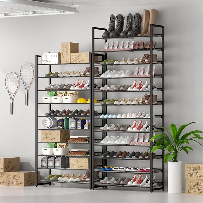 Shoe Rack, 10-Tier Metal Shoe Organizer, Tall Shoe Rack for Closet,entryway,Garage, with Adjustable Flat or Angled Shelves, 4