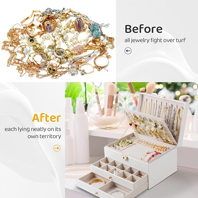 Jewelry Box, 3-Layer Jewelry Boxes for Women, Stud Earings Holder Jewelry Organizers and Storage with Removable Jewelry Tray,
