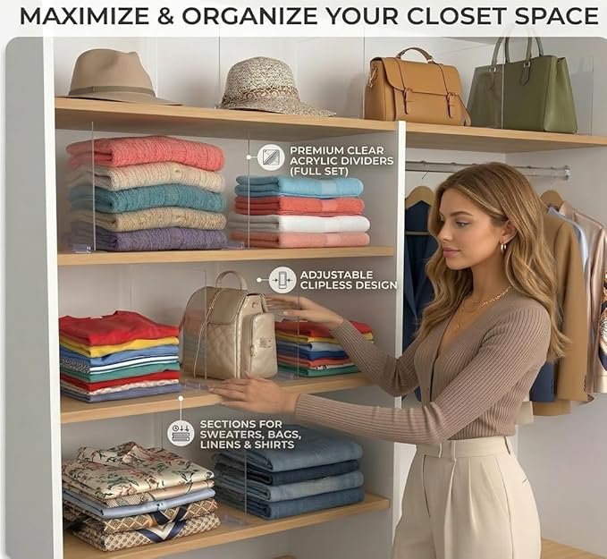 Acrylic Shelf Dividers for Closet Organization: Clear Removable 10/11.8" Tall X 11.8/10" Deep Clipless Separators 6 Pack for 
