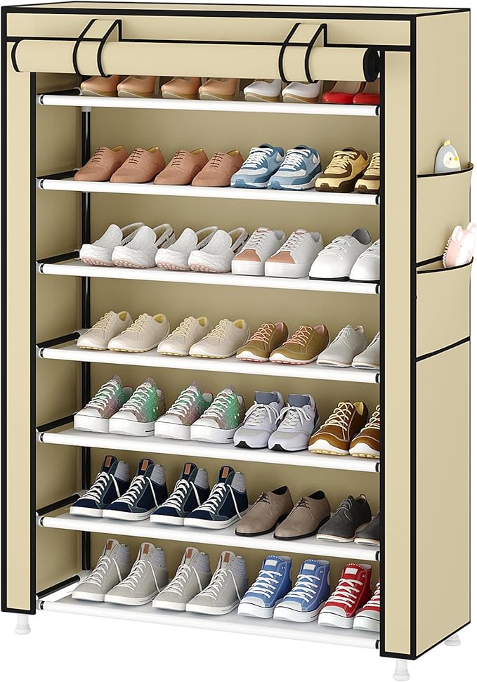 Laiensia 7-Tier Vertical Shoe Rack Organizer, Space Saving Shoe Storage Organizer, Non-Woven Cover Shoe Shelf Holds 28-35 Pai