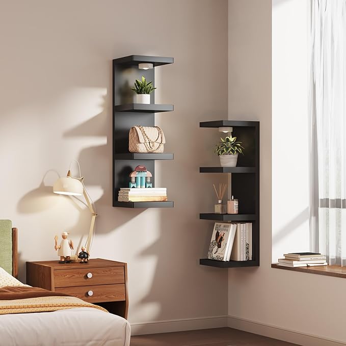 4-Tier Wall Shelf Unit with USB Rechargeable Led Light (Remote Controlled),Versatile Floating Display Shelves,Lack Style Wall