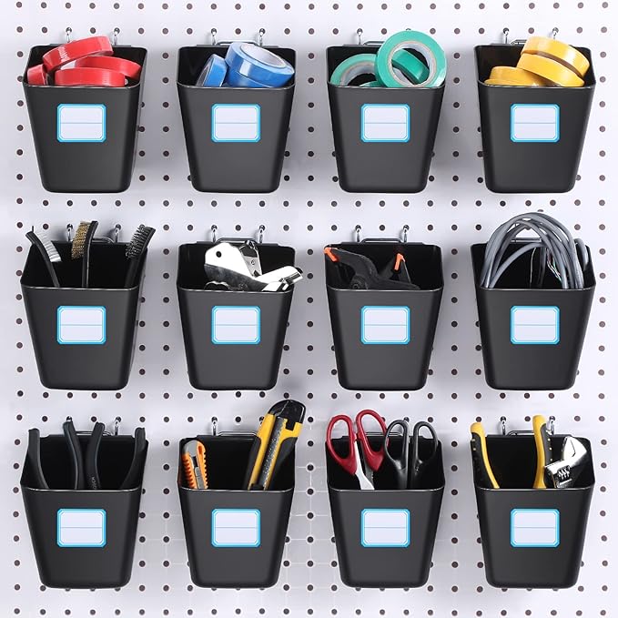 Namalu 12 Pack Peg Board Storage Bins with Labels and Hooks Square Box Shape Pegboard Cup Holder Accessories Pegboard Organiz