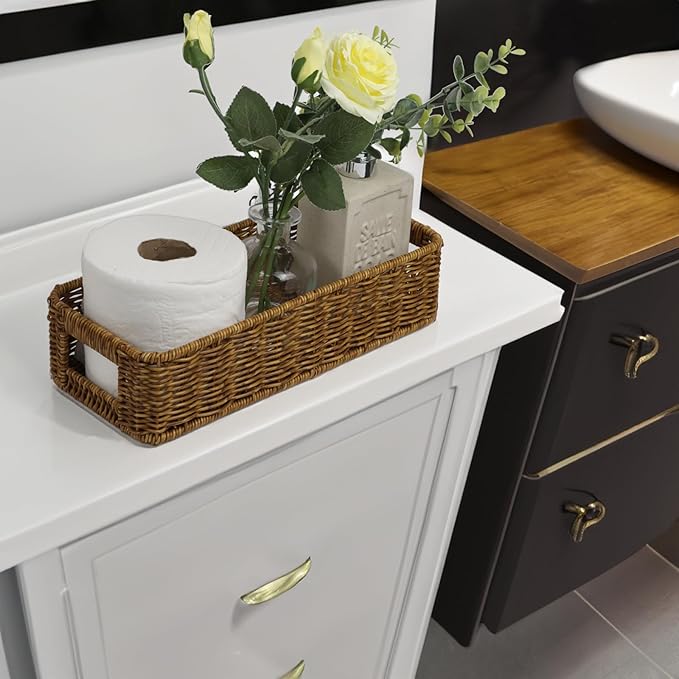 Basket for Toilet Paper Storage, Waterproof Wicker Baskets for Bathroom Counter Organizer, Small Storage Basket for Organizin