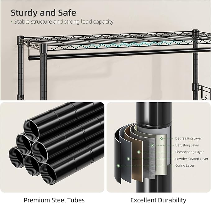Simple Trending Heavy Duty Clothing Rack 3 Tiers Adjustable Wire Shelving Clothes Rack with Double Rods and Side Hooks, Frees