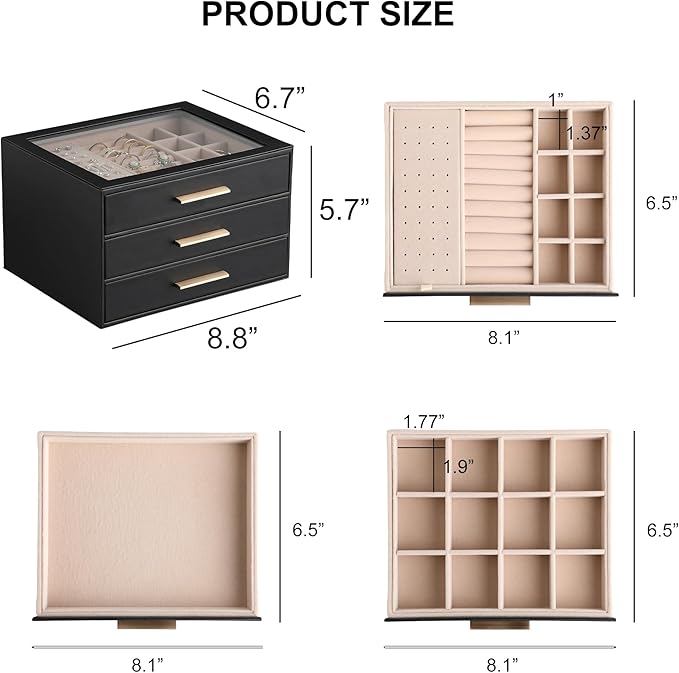 Frebeauty Clear Lid Jewelry Box,3-Layer Jewelry Organizer with Drawer,PU Leather Jewelry Organizers and Storage,Jewelry Boxes