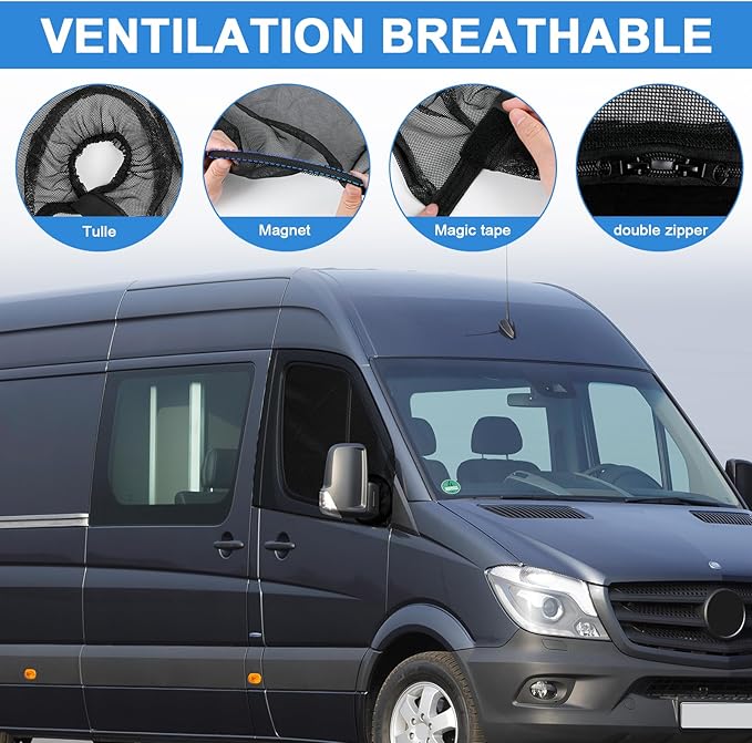 Double Layers Side Window Sunshade Magnetic Bug Screen for Front Doors, Pair Window Bug Screen & Sunshade Curtain Compatible with Mercedes Sprinter 2007-2025