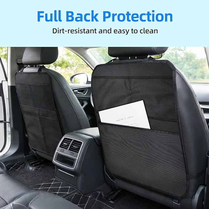 Back Seat Cover for Kids – 2 Mesh Pockets + 1 X-Large Storage Organizer, Waterproof Car Seat Back Protector for Vehicles, Protects Upholstery from Dirt, Mud & Scratches, Black (1)