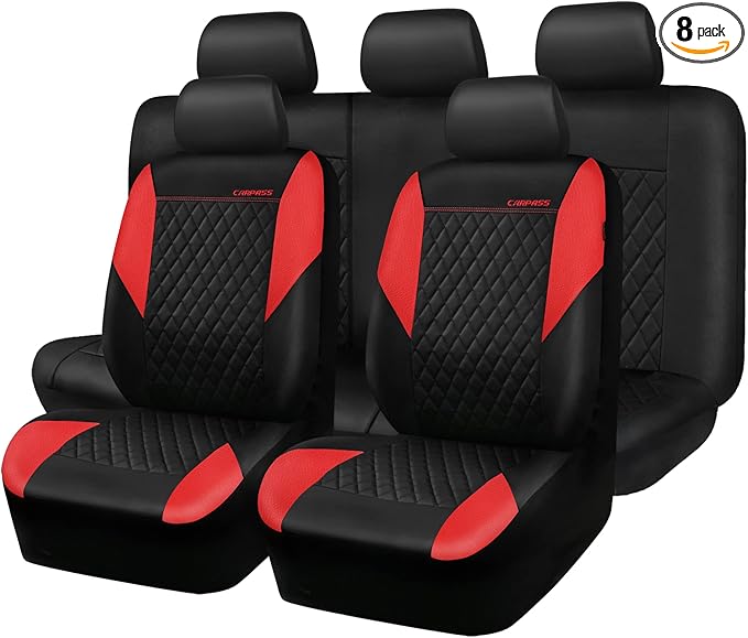 CAR PASS Red Leather Seat Covers Full Set-Universal Quilting Pretty Girly Car Seat Cover with 5mm Composite Sponge Inside,Air