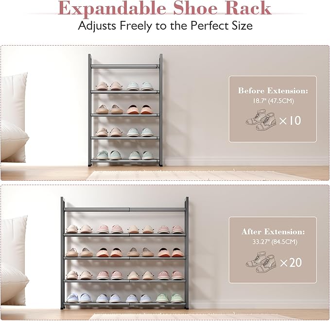 Bumusty 5-Tier Expandable Shoe Rack for Closet, 18“-33” Adjustable Shoe Rack for Small Space, Small Shoe Organizer for Front 