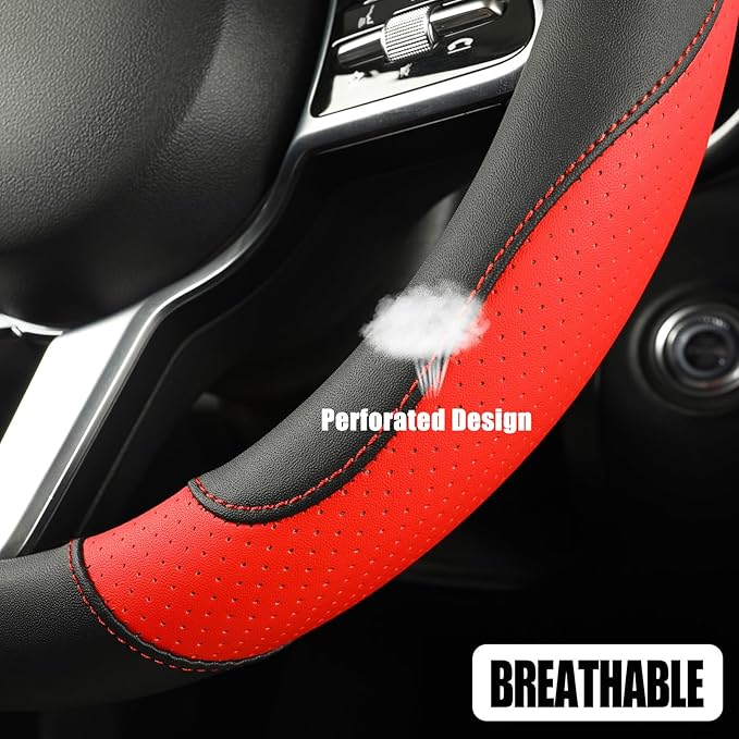 Microfiber Leather D Shaped Steering Wheel Cover, Breathable, Anti Slip, Universal 15 inch, Black with Red