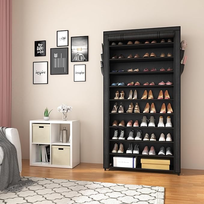ROJASOP 10 Tier Shoe Rack with Covers,Large Capacity Stackable Tall Shoe Shelf Storage to 50-55 Pairs Shoes and Boots Sturdy 