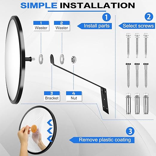 12” Acrylic Convex Mirror Convex Security Corner Mirrors, Adjustable Fixing Bracket with Wide Angle, Indoor Outdoor Curved Safety Mirror for Room Driveway Parking Garage Office